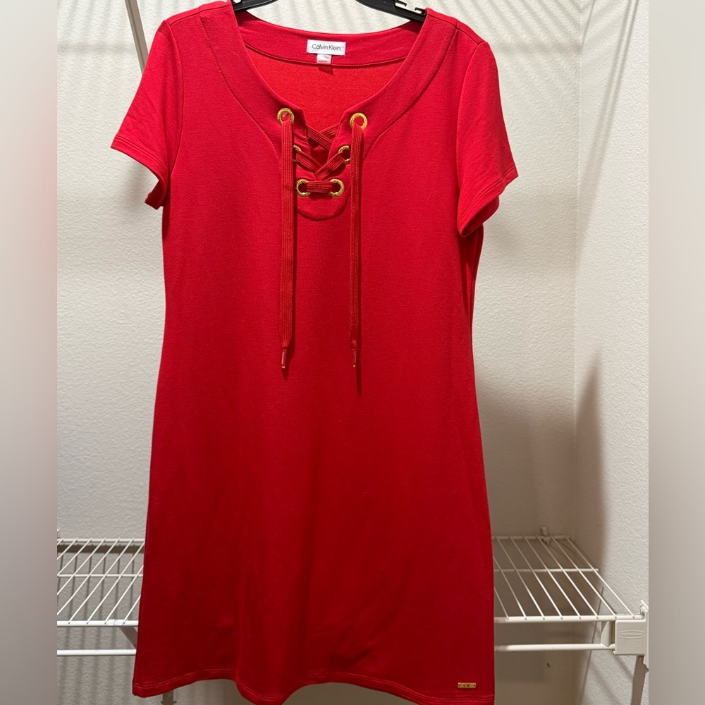 Calvin Klein Red Lace-Up Short Sleeve Dress